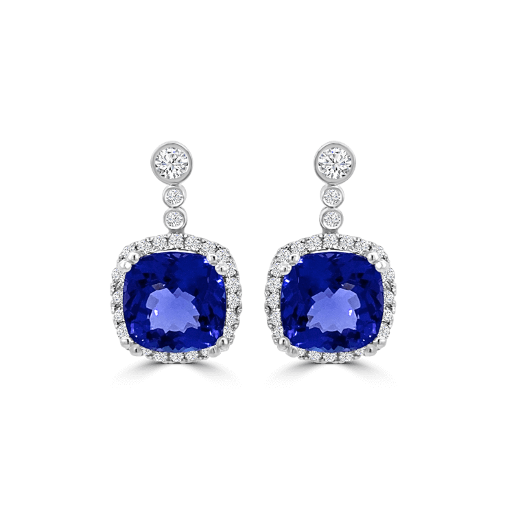 Cushion Tanzanite Diamond Halo Dangle Earrings-Tanzanite Jewellery