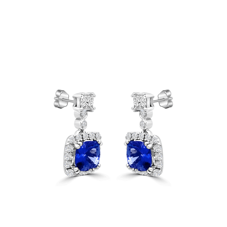 Round Tanzanite Diamond Cushion Halo Earrings_Tanzanite jewellery
